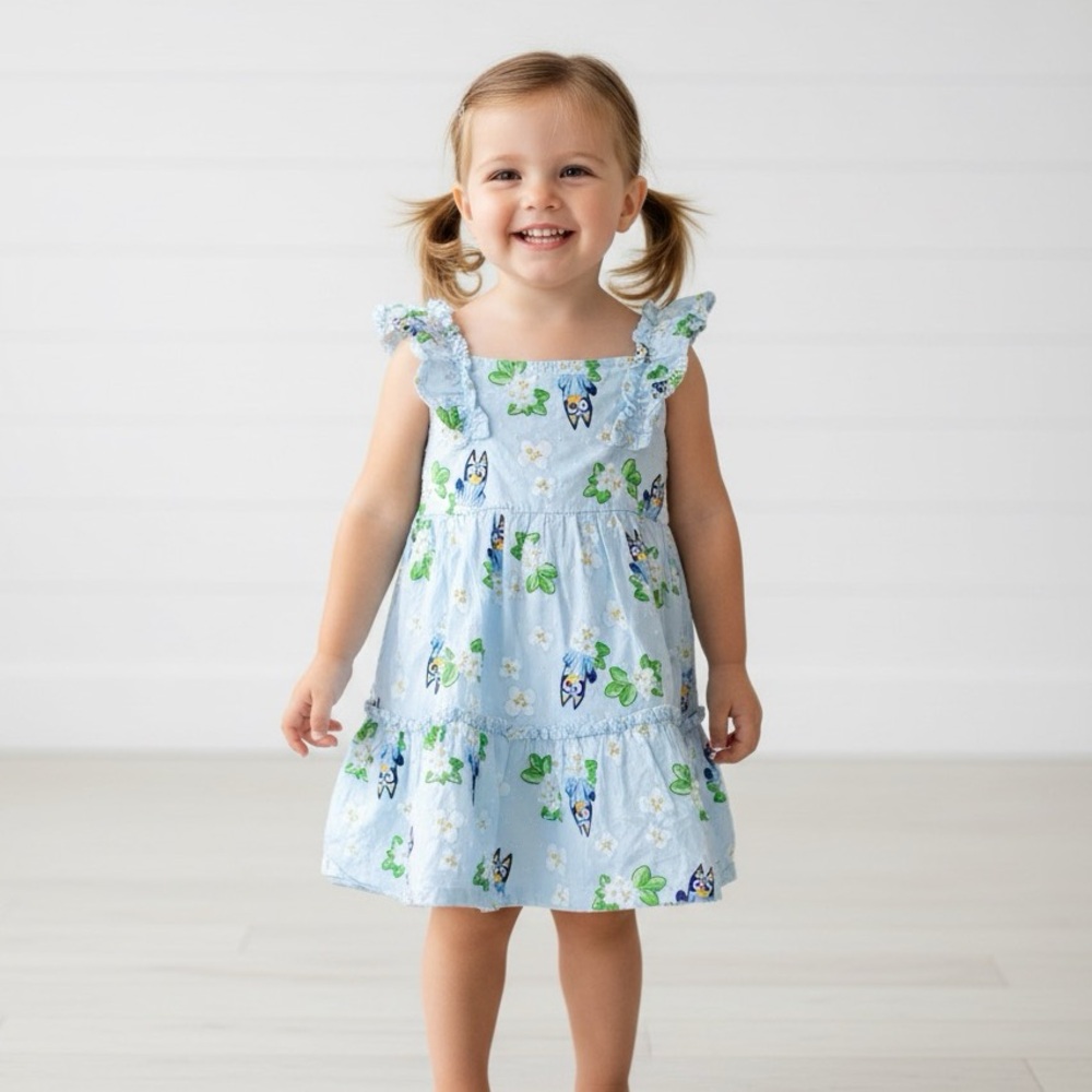 BLUEY Toddler Girls Floral Cartoon Spring Dress with Ruffle Accents